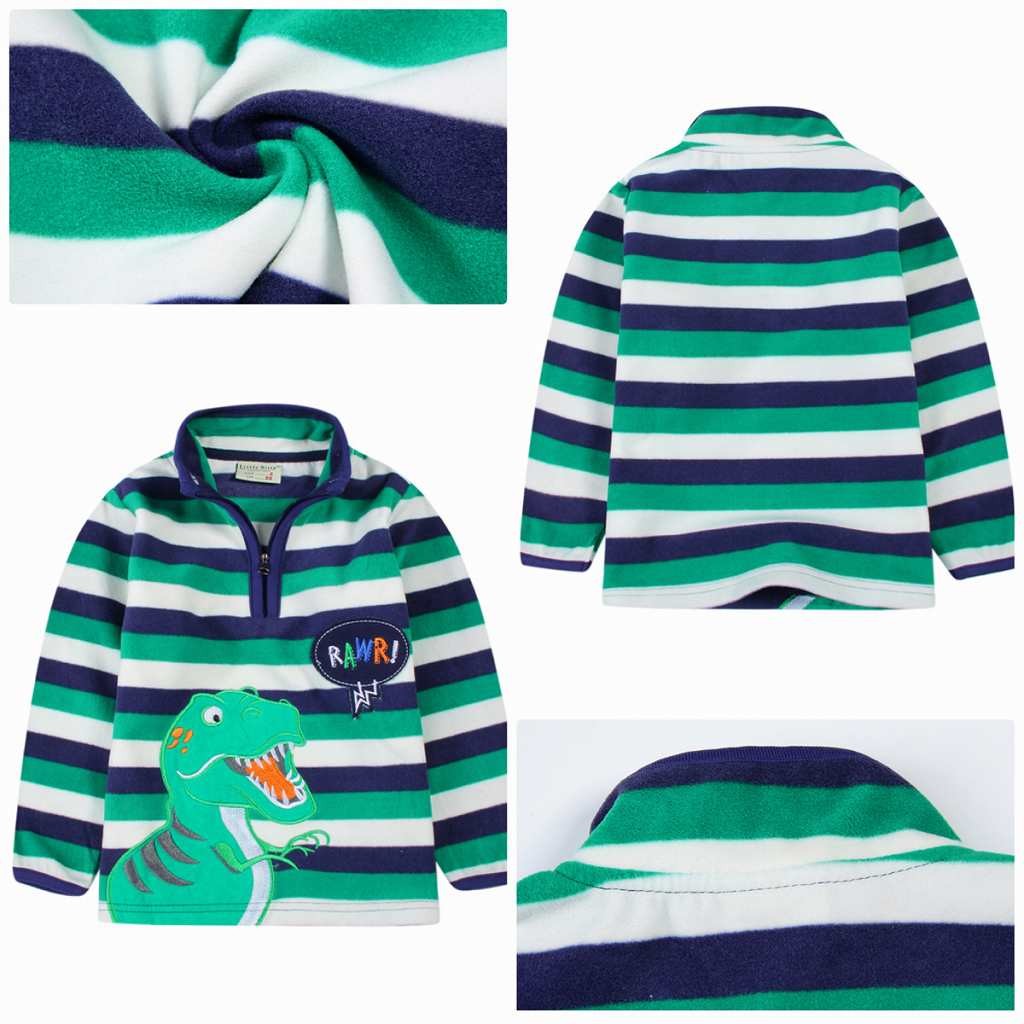 キッズ　プルオーバー　フリース　ボーダー　恐竜　トップス　男の子　可愛い　キュート　子供　ジュニア　グリーン　ネイビー　ホワイト　緑色　紺　白　80　90　100　110　120　130　cm　サイズ　送料無料