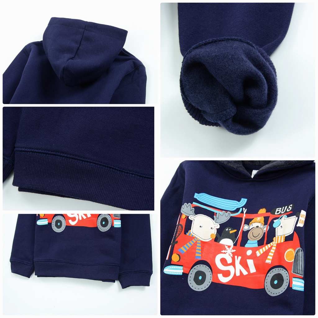 キッズ　パーカー　フード付き　スウェット　バス　動物　アニマル　トップス　男の子　可愛い　キュート　子供　ジュニア　ネイビー　紺色　80　90　100　110　120　130　cm　サイズ　送料無料