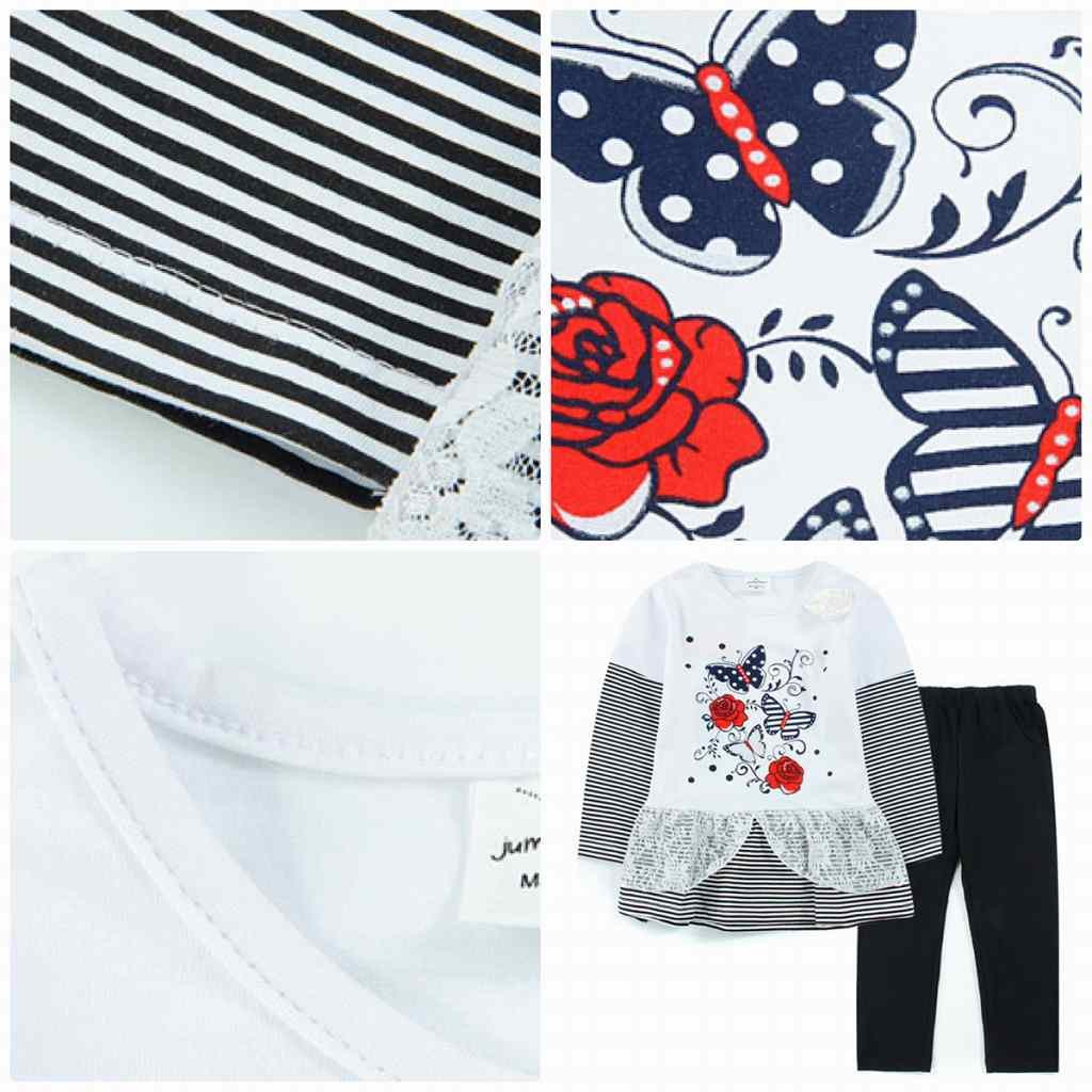 キッズ　2点セット　ロンTシャツ　パンツ　レース　ボーダー　ズボン　ロンT　クルーネック　ロングスリーブ　トップス　ボトムス　女の子　可愛い　キュート　子供　ジュニア　ホワイト　ブラック　黒　白色　80　90　100　110　120　130　cm　サイズ　送料無料