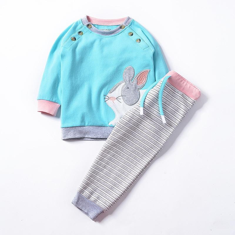 ベビー　キッズ　子供服　パジャマ　長袖トップス　ロングパンツ　ウサギ　かわいい　キュート　男の子　カジュアル　保育園　幼稚園　お着替え　ルームウェア　普段着　デイリー　ブルー　送料無料