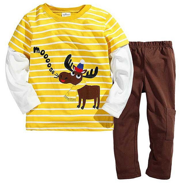 ベビー　キッズ　子供服　パジャマ　上下セット　長袖　Tシャツ　ロングパンツ　トナカイ　アニマル　キュート　かわいい　男の子　カジュアル　保育園　幼稚園　お着替え　ルームウェア　普段着　デイリー　イエロー　送料無料
