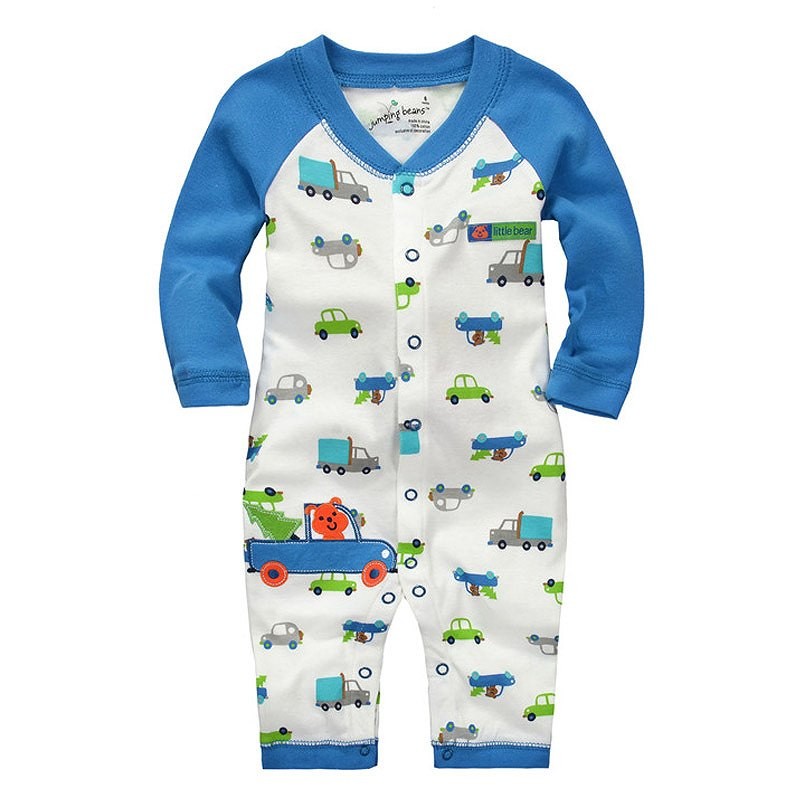 ベビー　子供服　カバーオール　長袖　のりもの　前開き　股下スナップ　キュート　かわいい　男の子　カジュアル　保育園　幼稚園　お着替え　ルームウェア　普段着　デイリー　ホワイト×ブルー　送料無料