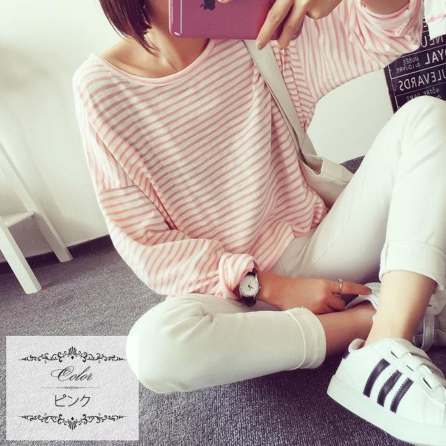 レディース　ロングTシャツ　ボーダー　カットソー　ラウンドネック　トップス　カジュアル　キュート　大人　可愛い　フェミニン　おしゃれ　お出かけ　デイリー　ブラック　ピンク　グリーン　ホワイト　白　黒　緑色　Ｍ　Ｌ　XL　XXL　大きいサイズ　送料無料