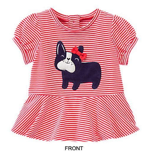 キッズ　ジュニア　子供服　女　女の子　Tシャツ　トップス　半袖　ブルドッグ　ボーダー　レッド　赤　送料無料