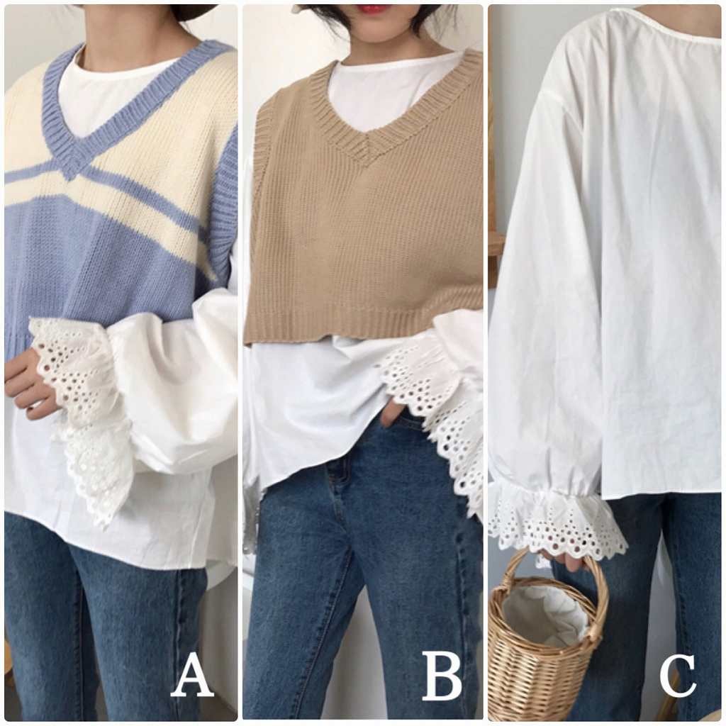 レディース　ベスト　ブラウス　ニット　レース　長袖　フレアスリーブ　トップス　カジュアル　キュート　大人　可愛い　フェミニン　おしゃれ　お出かけ　デイリー　ブルー　ブラウン　ホワイト　水色　茶色　白　フリーサイズ　ワンサイズ　送料無料