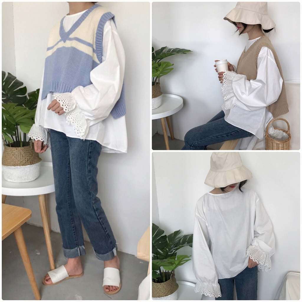 レディース　ベスト　ブラウス　ニット　レース　長袖　フレアスリーブ　トップス　カジュアル　キュート　大人　可愛い　フェミニン　おしゃれ　お出かけ　デイリー　ブルー　ブラウン　ホワイト　水色　茶色　白　フリーサイズ　ワンサイズ　送料無料