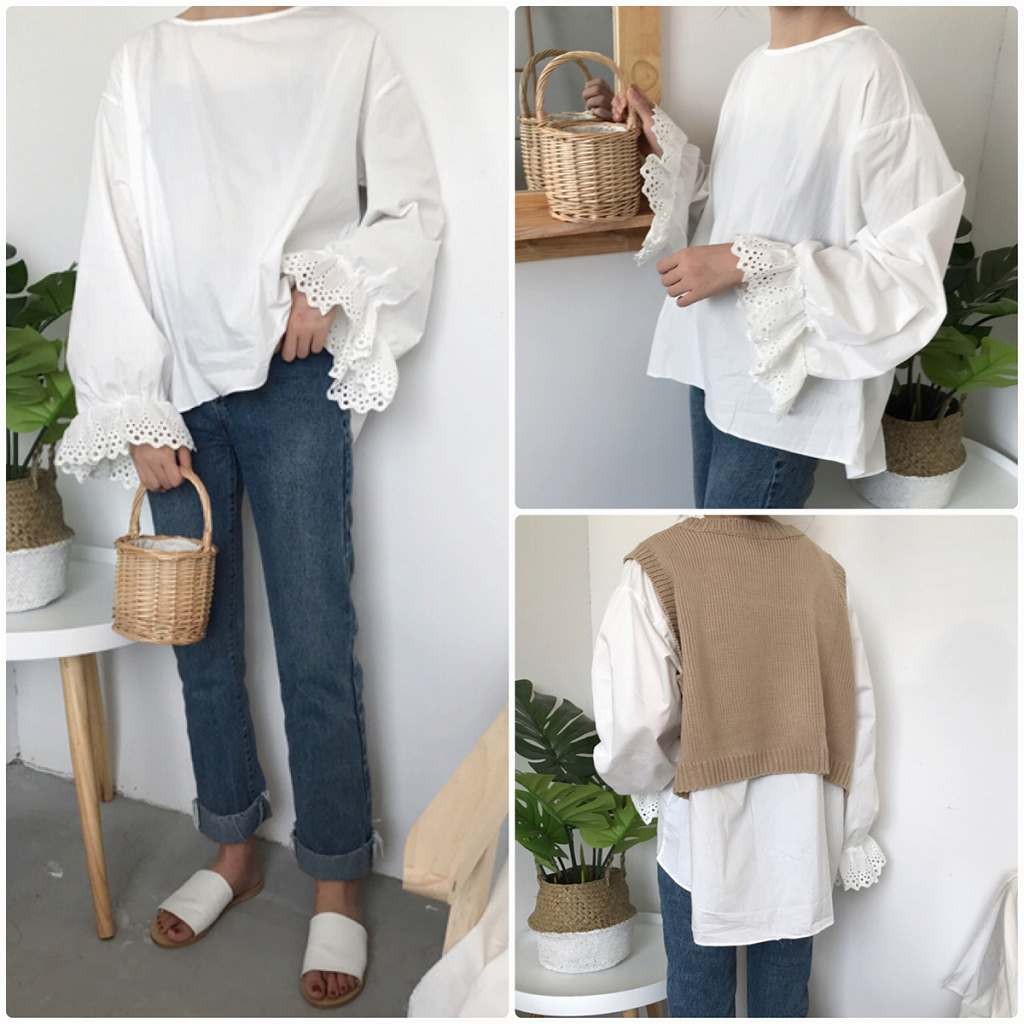 レディース　ベスト　ブラウス　ニット　レース　長袖　フレアスリーブ　トップス　カジュアル　キュート　大人　可愛い　フェミニン　おしゃれ　お出かけ　デイリー　ブルー　ブラウン　ホワイト　水色　茶色　白　フリーサイズ　ワンサイズ　送料無料