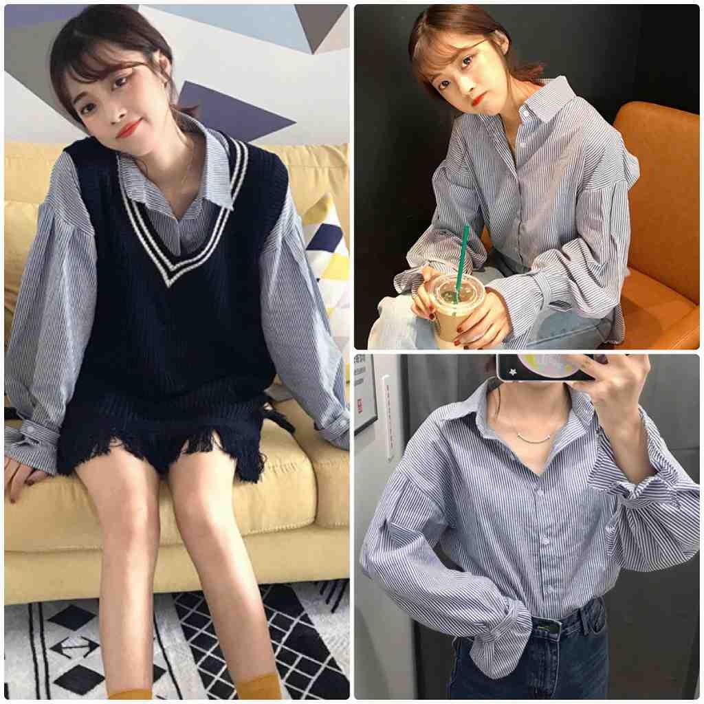 レディース　ストライプ　シャツ　ブラウス　オーバーサイズ　ビッグシルエット　大きめ　キャンディスリーブ　トップス　カジュアル　キュート　大人　可愛い　フェミニン　セクシー　おしゃれ　お出かけ　デイリー　ブルー　青　フリーサイズ　ワンサイズ　送料無料