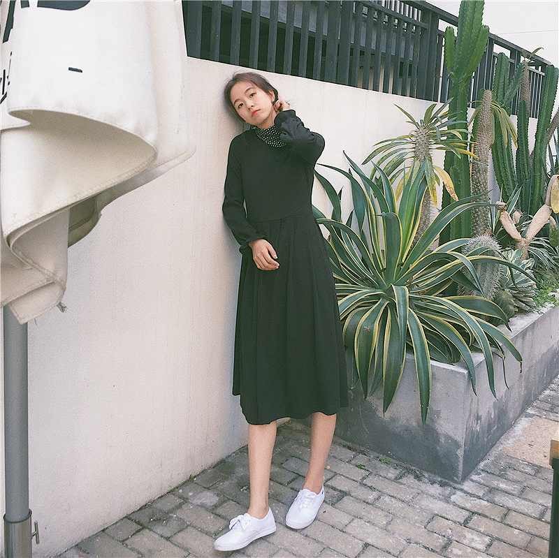 レディース　ワンピース　長袖　ゆったり　ニット　無地　ラウンドネック　フリーサイズ　カジュアル　大人可愛い　フォーマル　卒業式　卒園式　入学式　謝恩会　パーティ　デート　お出かけ　デイリー　ブラック　送料無料