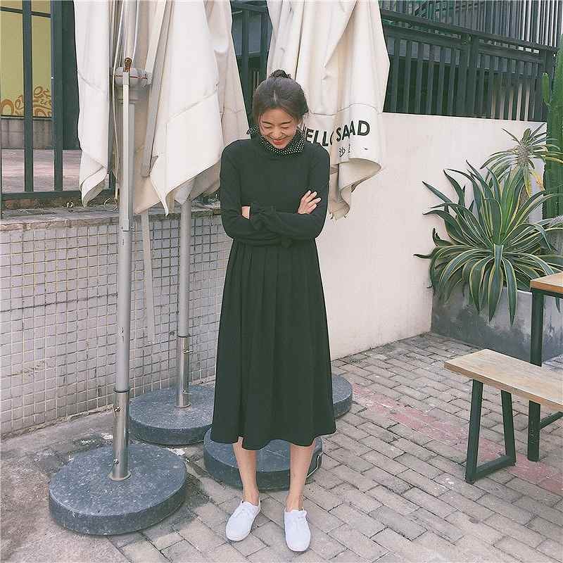 レディース　ワンピース　長袖　ゆったり　ニット　無地　ラウンドネック　フリーサイズ　カジュアル　大人可愛い　フォーマル　卒業式　卒園式　入学式　謝恩会　パーティ　デート　お出かけ　デイリー　ブラック　送料無料