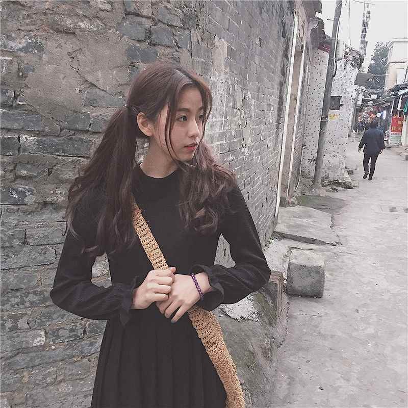 レディース　ワンピース　長袖　ゆったり　ニット　無地　ラウンドネック　フリーサイズ　カジュアル　大人可愛い　フォーマル　卒業式　卒園式　入学式　謝恩会　パーティ　デート　お出かけ　デイリー　ブラック　送料無料