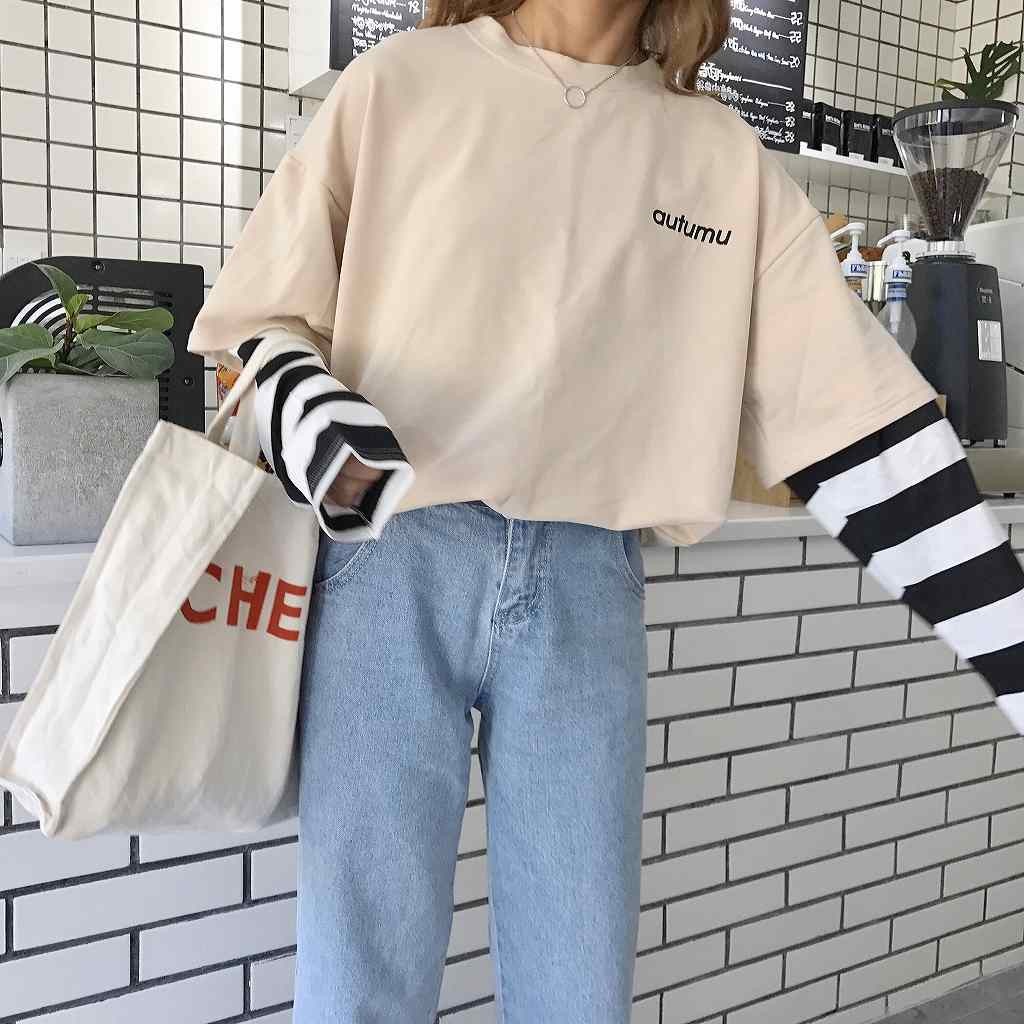 レディース　トップス　カットソー　重ね着風　ラウンドネック　ゆったり　ボーダー　無地　長袖　フリーサイズ　カジュアル　大人可愛い　スポーツ　デート　お出かけ　デイリー　ミルクコーヒー　イエロー　送料無料