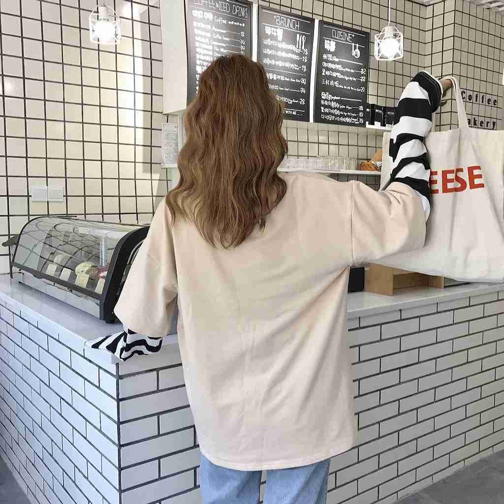 レディース　トップス　カットソー　重ね着風　ラウンドネック　ゆったり　ボーダー　無地　長袖　フリーサイズ　カジュアル　大人可愛い　スポーツ　デート　お出かけ　デイリー　ミルクコーヒー　イエロー　送料無料