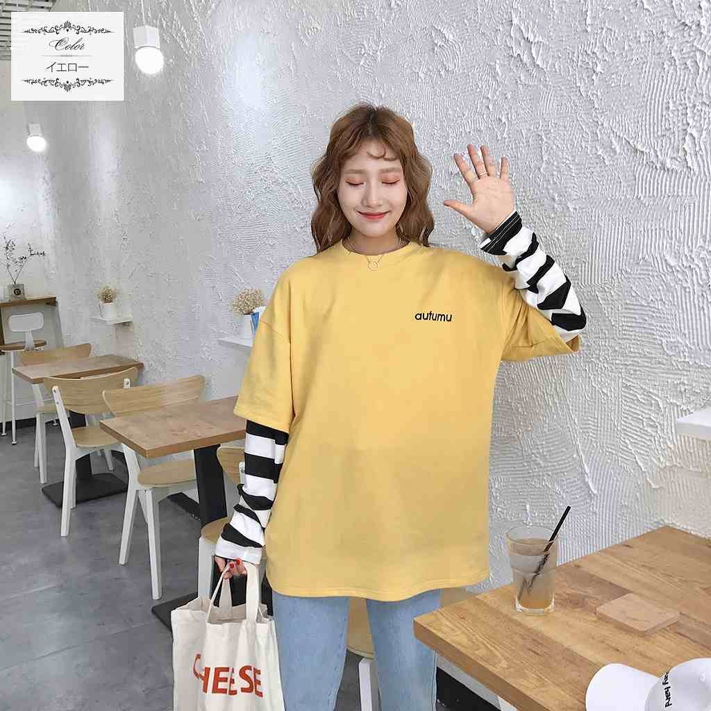 レディース　トップス　カットソー　重ね着風　ラウンドネック　ゆったり　ボーダー　無地　長袖　フリーサイズ　カジュアル　大人可愛い　スポーツ　デート　お出かけ　デイリー　ミルクコーヒー　イエロー　送料無料