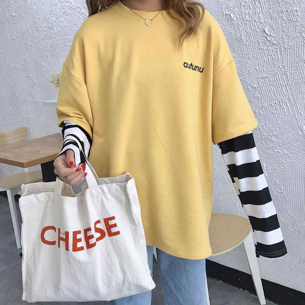 レディース　トップス　カットソー　重ね着風　ラウンドネック　ゆったり　ボーダー　無地　長袖　フリーサイズ　カジュアル　大人可愛い　スポーツ　デート　お出かけ　デイリー　ミルクコーヒー　イエロー　送料無料