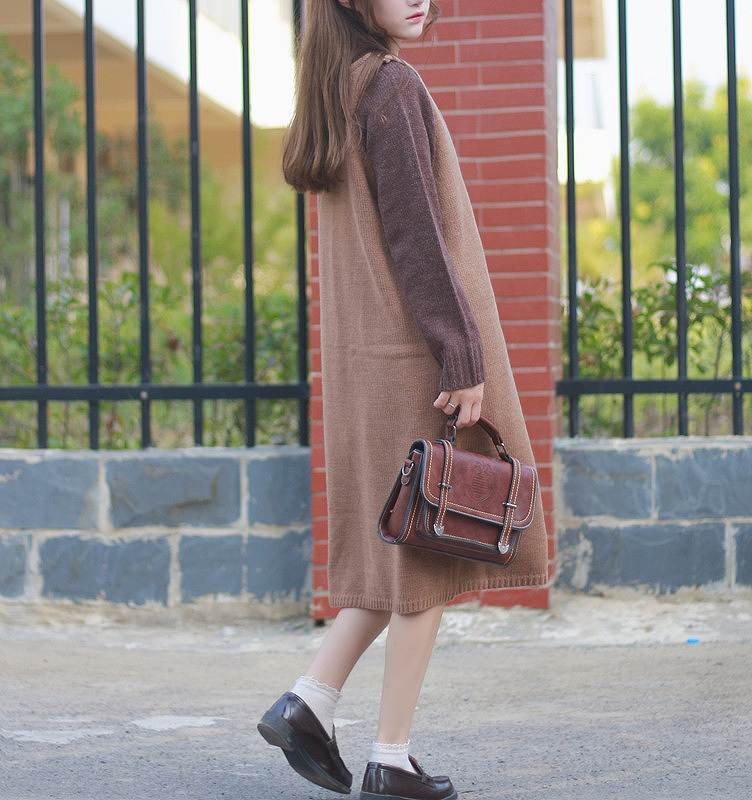 レディース　ワンピース　セーター　長袖　ゆったり　ニット　ミモレ丈　無地　ラウンドネック　フリーサイズ　カジュアル　大人可愛い　シック　フェミニン　デート　お出かけ　デイリー　ブラウン　送料無料