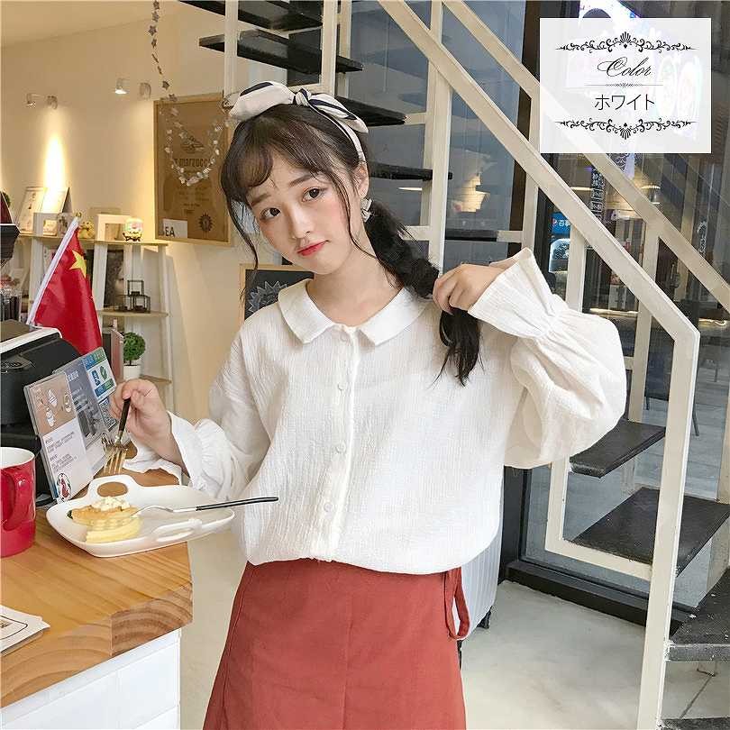 レディース　トップス　シャツ　ブラウス　無地　ホーンスリーブ　長袖　フリーサイズ　カジュアル　大人可愛い　デート　お出かけ　デイリー　パープル　ホワイト　送料無料