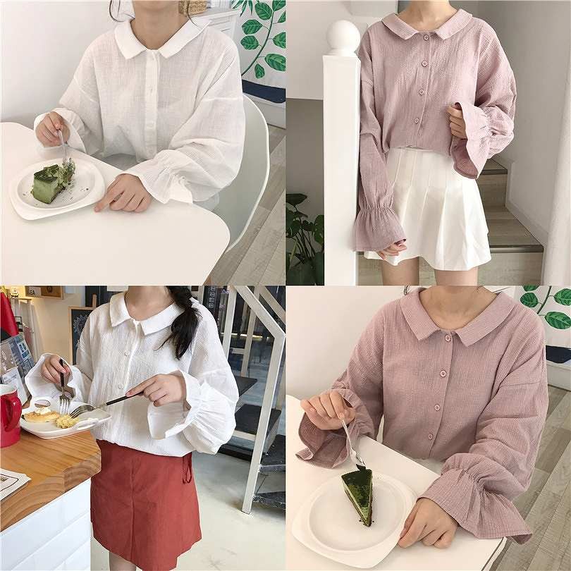 レディース　トップス　シャツ　ブラウス　無地　ホーンスリーブ　長袖　フリーサイズ　カジュアル　大人可愛い　デート　お出かけ　デイリー　パープル　ホワイト　送料無料