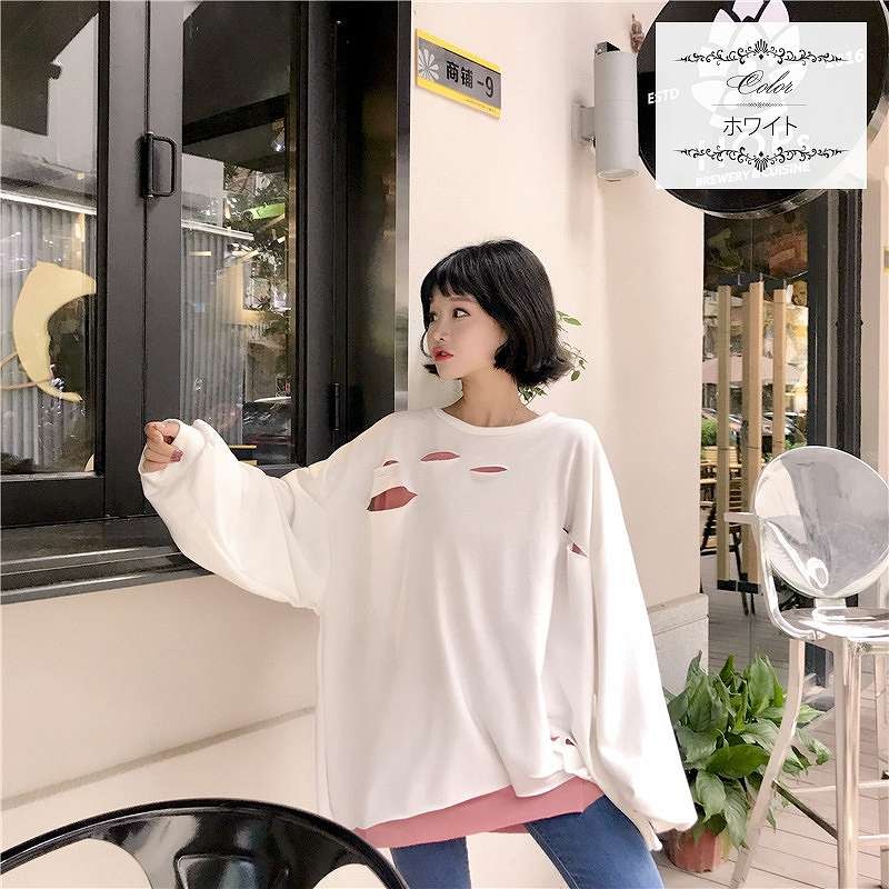 レディース　トップス　ラウンドネック　カットソー　トレーナー　ゆったり　無地　ゆるT　長袖　フリーサイズ　カジュアル　大人可愛い　フェミニン　デート　お出かけ　デイリー　ホワイト　グレー　ブラック　送料無料