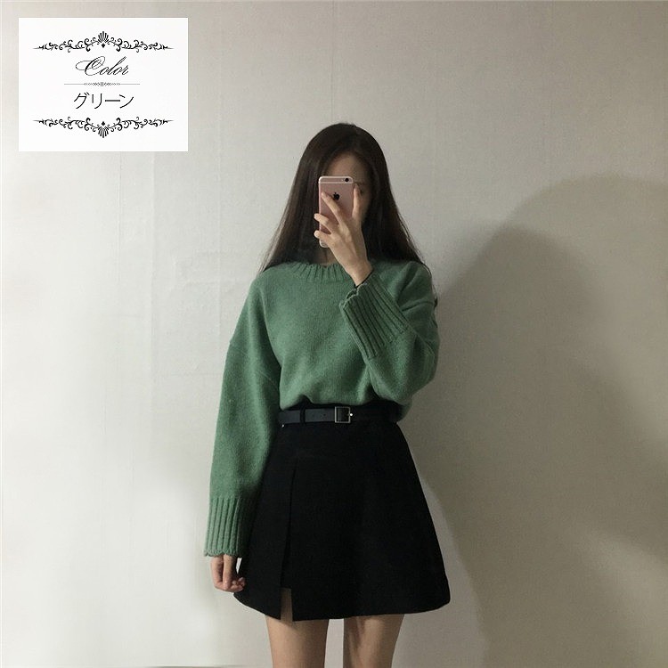 レディース　トップス　ニット　セーター　ラウンドネック　ゆったり　無地　レース　長袖　フリーサイズ　秋冬　カジュアル　大人可愛い　シック　デート　お出かけ　デイリー　グリーン　オフホワイト　ピンク　送料無料