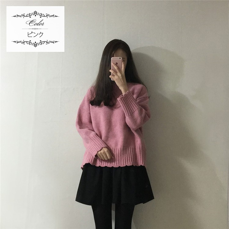 レディース　トップス　ニット　セーター　ラウンドネック　ゆったり　無地　レース　長袖　フリーサイズ　秋冬　カジュアル　大人可愛い　シック　デート　お出かけ　デイリー　グリーン　オフホワイト　ピンク　送料無料