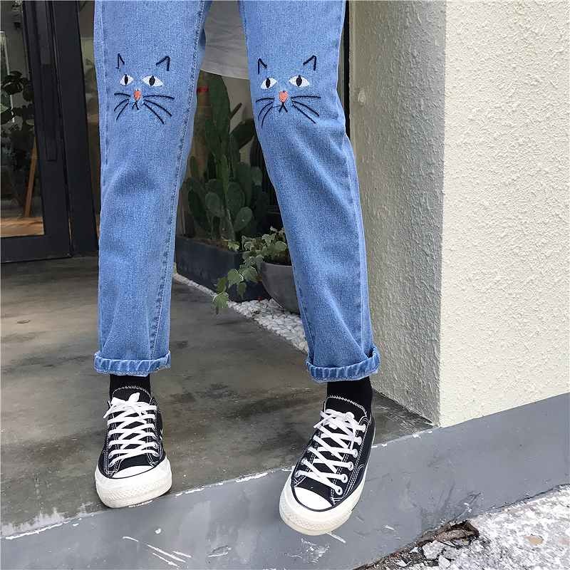 レディース　ボトムス　ジーンズ　デニム　ストレート　ハイウエスト　ネコ　猫　刺繍　大人カジュアル　フェミニン　シンプル　リゾート　普段着　デイリー　お出かけ　デート　ブルー　送料無料
