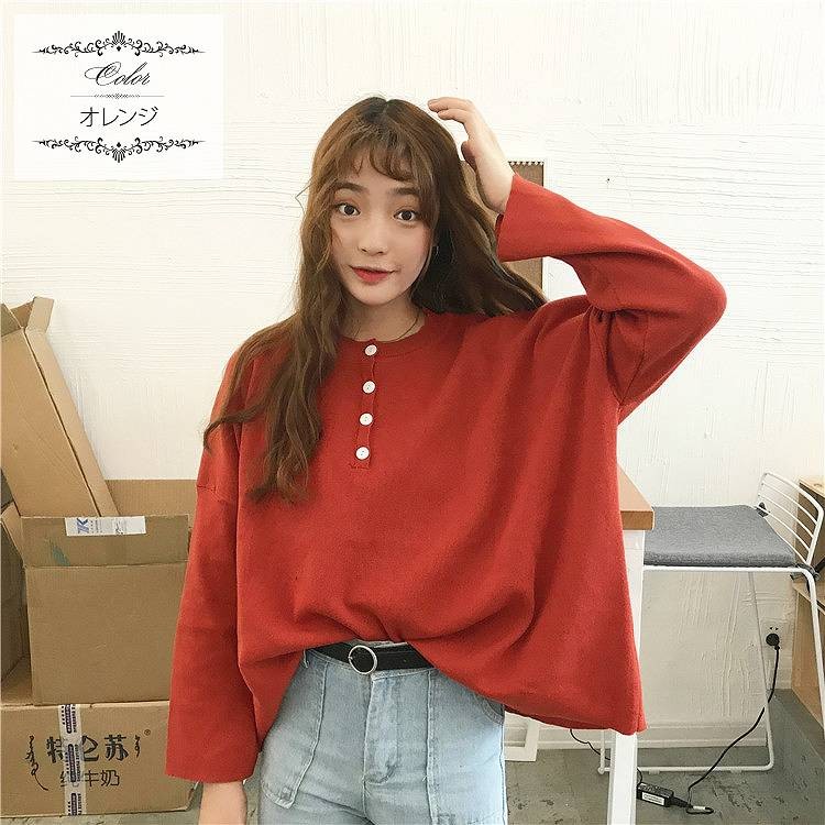 レディース　トップス　Tシャツ　長袖　バットスリーブ　ボタン　無地　カットソー　秋　シンプル　ゆったり　おしゃれ　カジュアル　大人可愛い　フェミニン　デート　お出かけ　普段着　オレンジ　ブルー　イエロー　送料無料