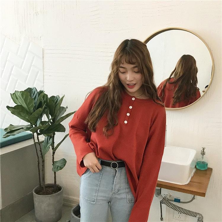 レディース　トップス　Tシャツ　長袖　バットスリーブ　ボタン　無地　カットソー　秋　シンプル　ゆったり　おしゃれ　カジュアル　大人可愛い　フェミニン　デート　お出かけ　普段着　オレンジ　ブルー　イエロー　送料無料