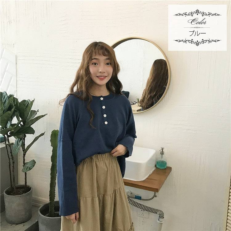 レディース　トップス　Tシャツ　長袖　バットスリーブ　ボタン　無地　カットソー　秋　シンプル　ゆったり　おしゃれ　カジュアル　大人可愛い　フェミニン　デート　お出かけ　普段着　オレンジ　ブルー　イエロー　送料無料