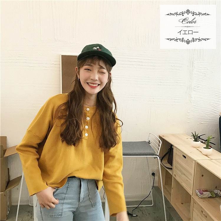 レディース　トップス　Tシャツ　長袖　バットスリーブ　ボタン　無地　カットソー　秋　シンプル　ゆったり　おしゃれ　カジュアル　大人可愛い　フェミニン　デート　お出かけ　普段着　オレンジ　ブルー　イエロー　送料無料