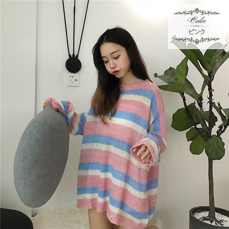 レディース　トップス　ニット　セーター　長袖　ボーダー　ロング丈　シンプル　大きい　ゆったり　おしゃれ　カジュアル　大人可愛い　フェミニン　デート　お出かけ　通勤　普段着　ピンク　グリーン　送料無料