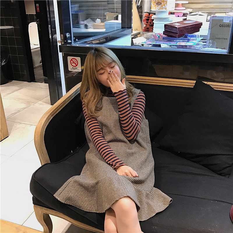 レディース　ワンピース　トランペット　スカート　ノースリーブ　千鳥格子　グレンチェック　膝上　秋　冬　カジュアル　フェミニン　キュート　可愛い　おしゃれ　ブラック　ブラウン　送料無料