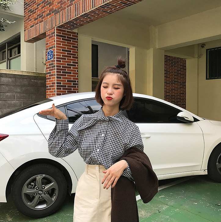 レディース　トップス　シャツ　ブラウス　長袖　チェック　襟リボン　シンプル　ゆったり　おしゃれ　カジュアル　フェミニン　かわいい　オフィス　ビジネス　通勤　普段着　デート　ブラック　送料無料