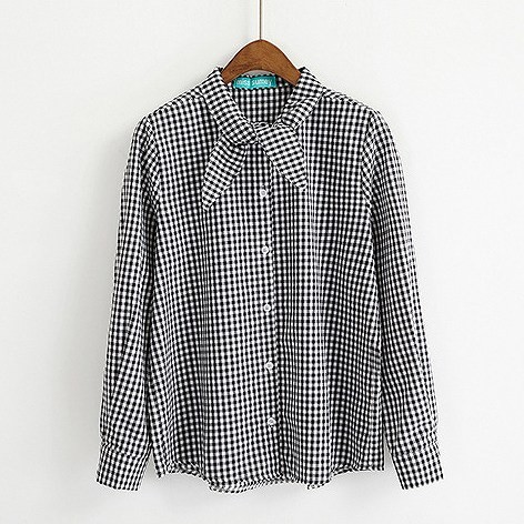 レディース　トップス　シャツ　ブラウス　長袖　チェック　襟リボン　シンプル　ゆったり　おしゃれ　カジュアル　フェミニン　かわいい　オフィス　ビジネス　通勤　普段着　デート　ブラック　送料無料