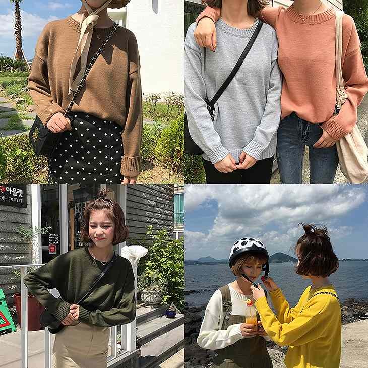 レディース　トップス　ニット　セーター　長袖　無地　ボーダー　オーバルネック　シンプル　ゆったり　カジュアル　大人可愛い　フェミニン　デート　お出かけ　通勤　普段着　ホワイト　ブルー　ピンク　グレー　ベージュ　レッド　カーキ　イエロー　送料無料