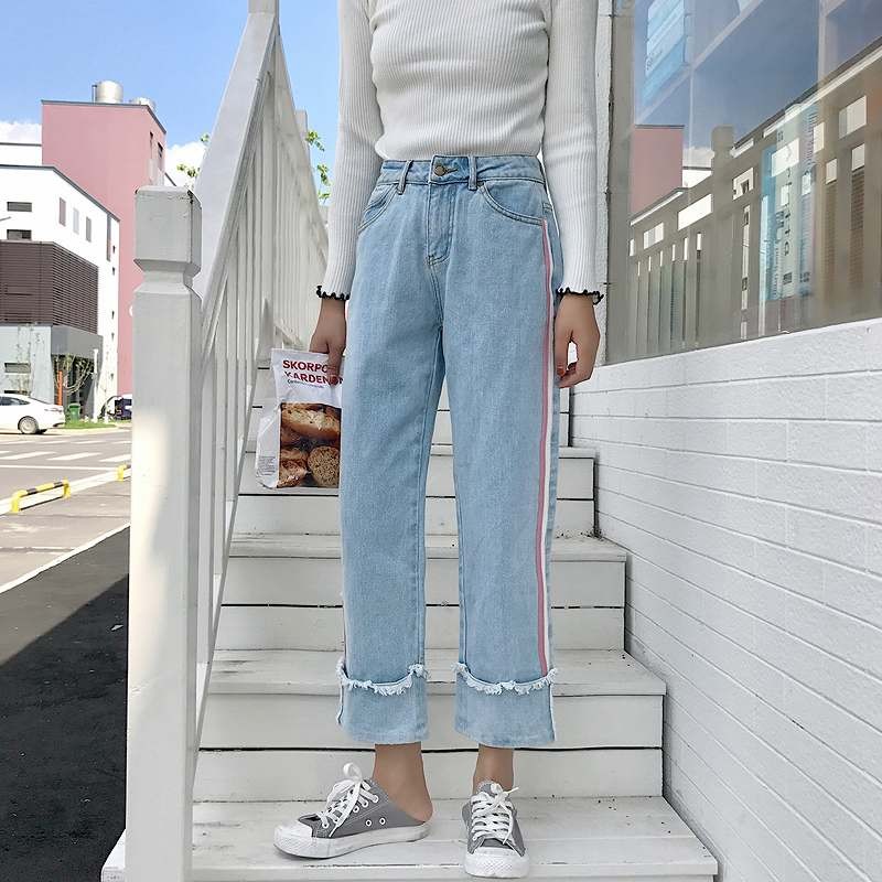 レディース　ボトムス　ジーンズ　デニム　ルーズ　ハイウエスト　ロールアップ　ストライプ　ワイド　カットオフデニム　9分丈　大人カジュアル　フェミニン　シンプル　リゾート　普段着　デイリー　お出かけ　デート　ブルー　送料無料