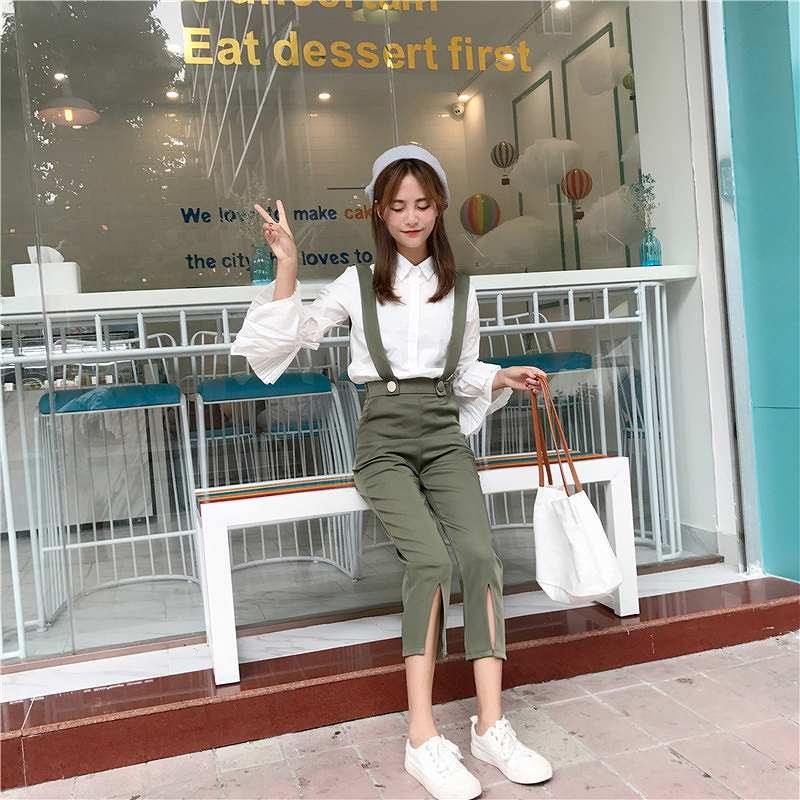 レディース　セットアップ　7分袖シャツ　袖フリル　ボトムス　サロペット　オーバーオール　クロップドパンツ　無地　フリーサイズ　カジュアル　大人可愛い　デイリー　お出かけ　デート　カーキ　送料無料