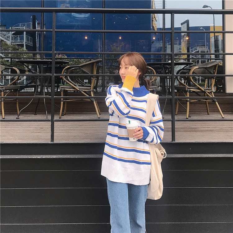 レディース　トップス　ニット　セーター　ボーダー　ラウンドネック　長袖　ゆったり　秋冬　カジュアル　フリーサイズ　大人可愛い　デート　お出かけ　デイリー　ホワイト　送料無料