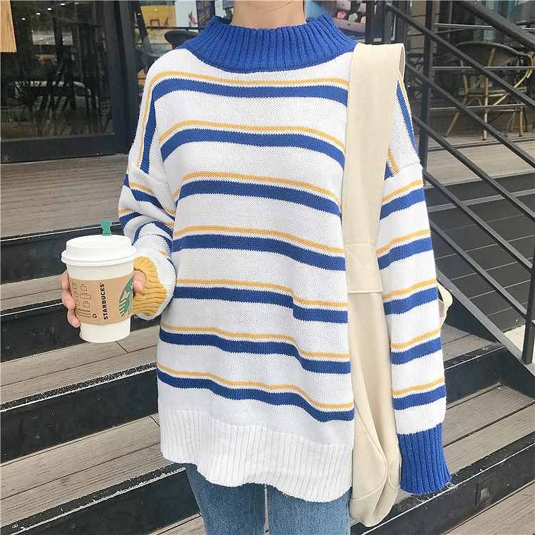 レディース　トップス　ニット　セーター　ボーダー　ラウンドネック　長袖　ゆったり　秋冬　カジュアル　フリーサイズ　大人可愛い　デート　お出かけ　デイリー　ホワイト　送料無料