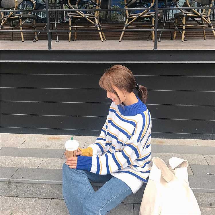 レディース　トップス　ニット　セーター　ボーダー　ラウンドネック　長袖　ゆったり　秋冬　カジュアル　フリーサイズ　大人可愛い　デート　お出かけ　デイリー　ホワイト　送料無料