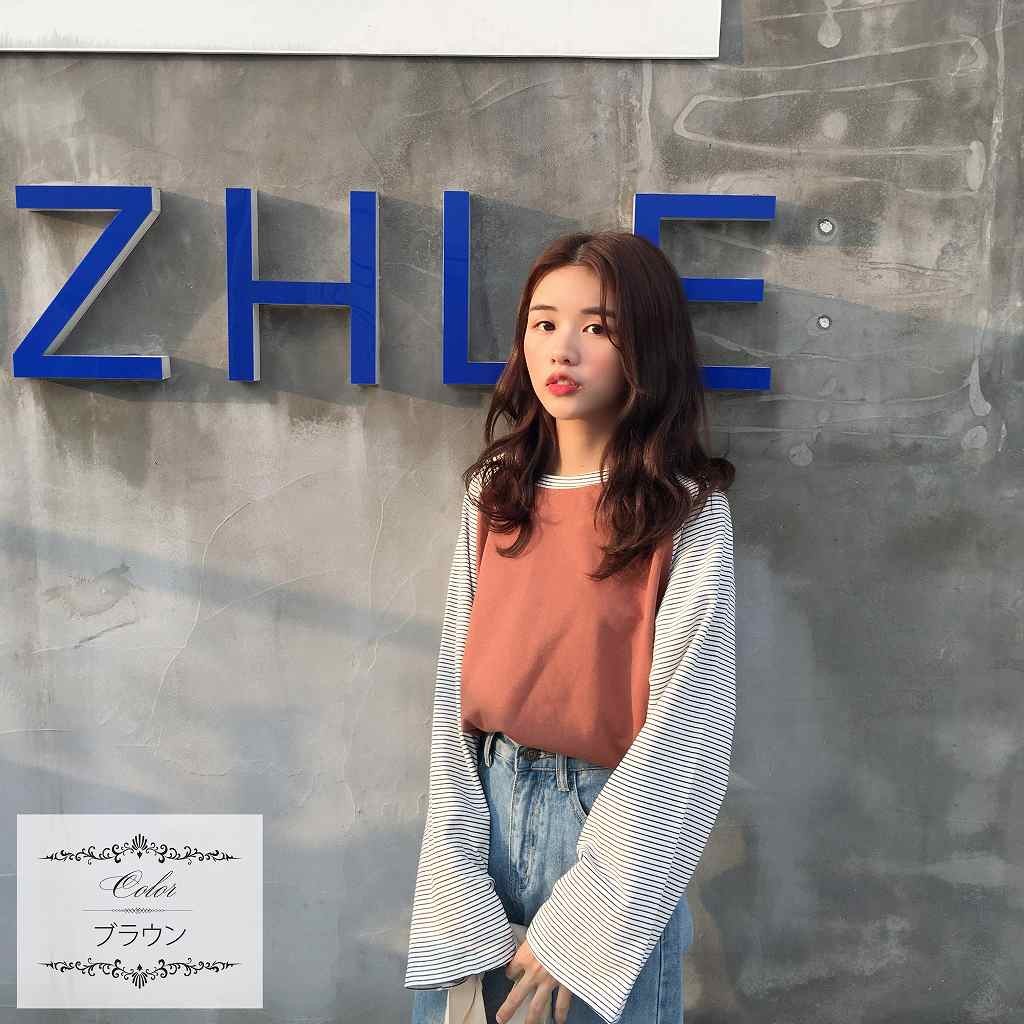 レディース　トップス　カットソー　無地　ボーダー　切り替え　長袖　ゆったり　カジュアル　フリーサイズ　大人可愛い　デート　お出かけ　デイリー　ブラウン　ブラック　グレー　送料無料