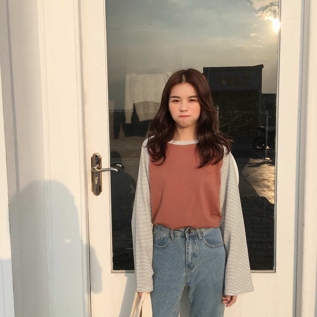 レディース　トップス　カットソー　無地　ボーダー　切り替え　長袖　ゆったり　カジュアル　フリーサイズ　大人可愛い　デート　お出かけ　デイリー　ブラウン　ブラック　グレー　送料無料