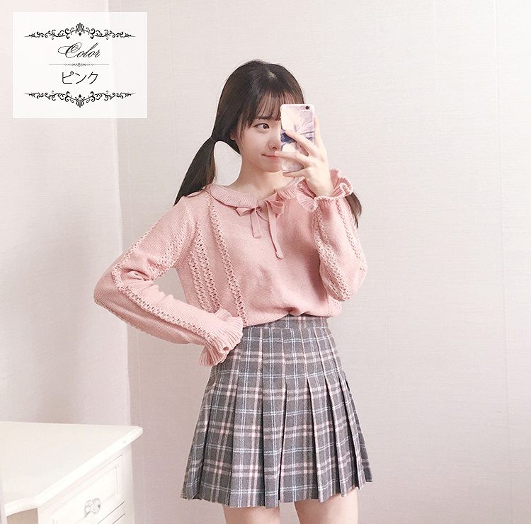 レディース　トップス　ニット　リボン　セーター　無地　ラウンドネック　長袖　ゆったり　秋冬　カジュアル　フリーサイズ　大人可愛い　デート　お出かけ　デイリー　ピンク　ホワイト　送料無料