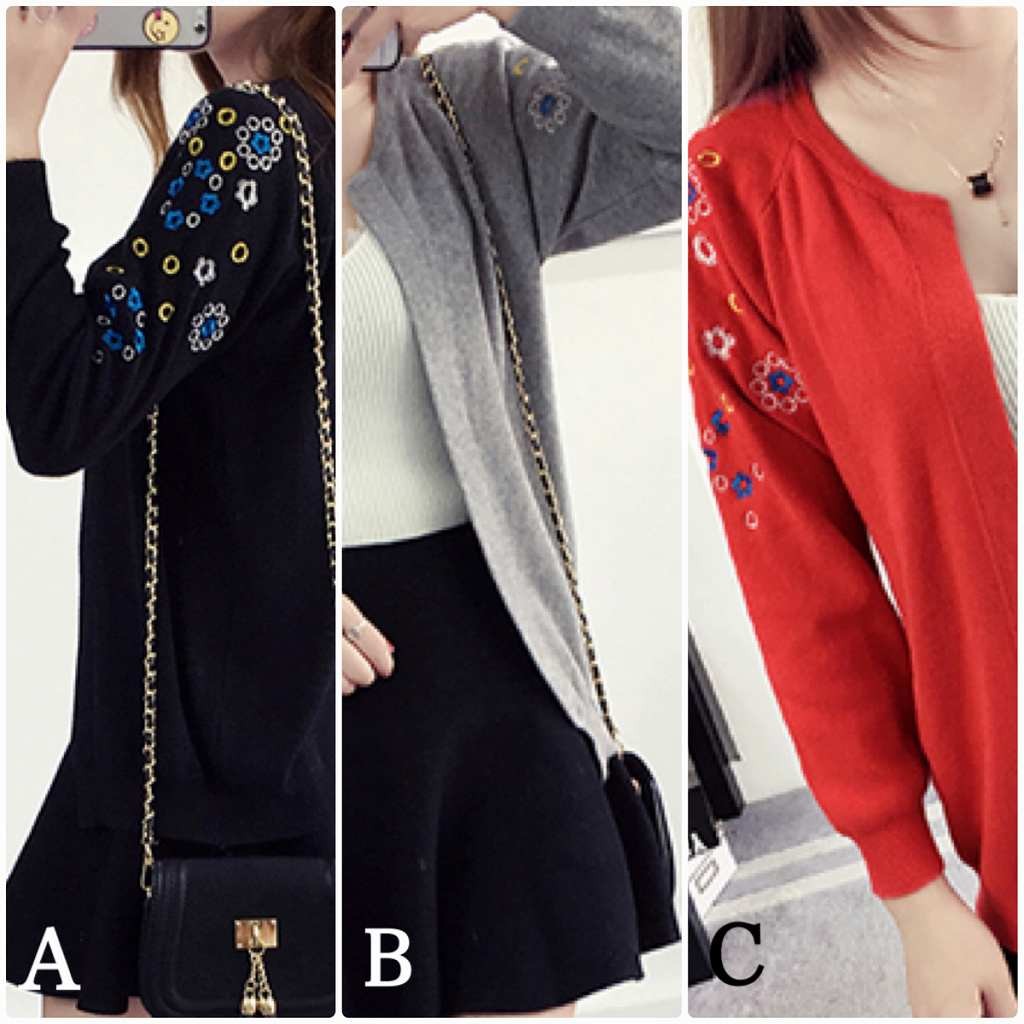 レディース　カーディガン　刺繍　花柄　ニット　セーター　Uネック　長袖　トップス　カジュアル　キュート　大人　可愛い　フェミニン　おしゃれ　お出かけ　デイリー　ブラック　レッド　グレー　オレンジ　ホワイト　黒　赤　灰色　白　フリーサイズ　送料無料