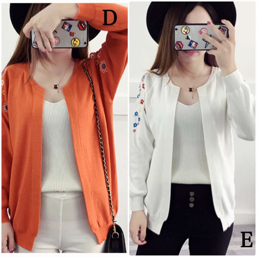 レディース　カーディガン　刺繍　花柄　ニット　セーター　Uネック　長袖　トップス　カジュアル　キュート　大人　可愛い　フェミニン　おしゃれ　お出かけ　デイリー　ブラック　レッド　グレー　オレンジ　ホワイト　黒　赤　灰色　白　フリーサイズ　送料無料