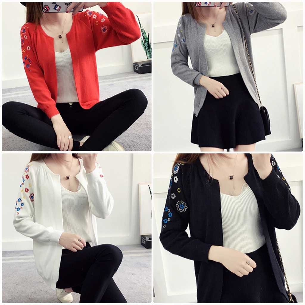 レディース　カーディガン　刺繍　花柄　ニット　セーター　Uネック　長袖　トップス　カジュアル　キュート　大人　可愛い　フェミニン　おしゃれ　お出かけ　デイリー　ブラック　レッド　グレー　オレンジ　ホワイト　黒　赤　灰色　白　フリーサイズ　送料無料