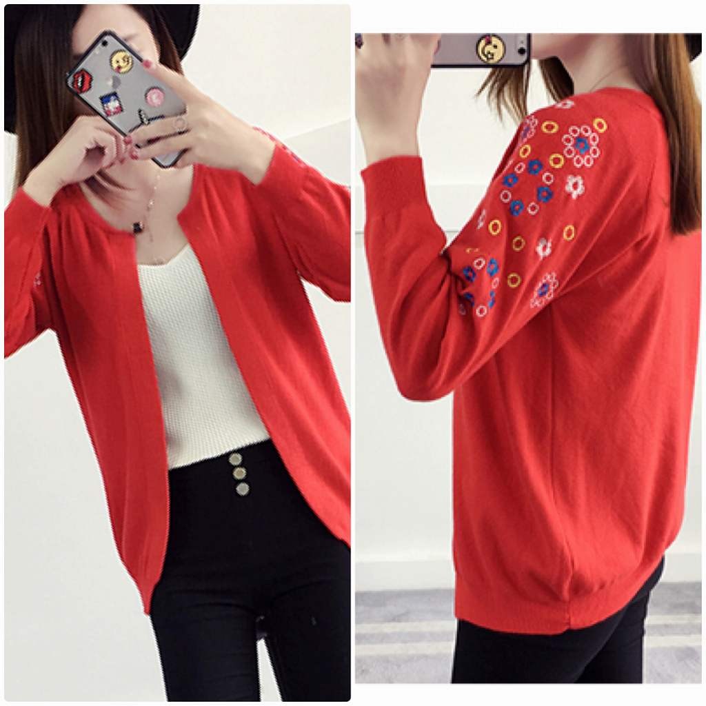 レディース　カーディガン　刺繍　花柄　ニット　セーター　Uネック　長袖　トップス　カジュアル　キュート　大人　可愛い　フェミニン　おしゃれ　お出かけ　デイリー　ブラック　レッド　グレー　オレンジ　ホワイト　黒　赤　灰色　白　フリーサイズ　送料無料