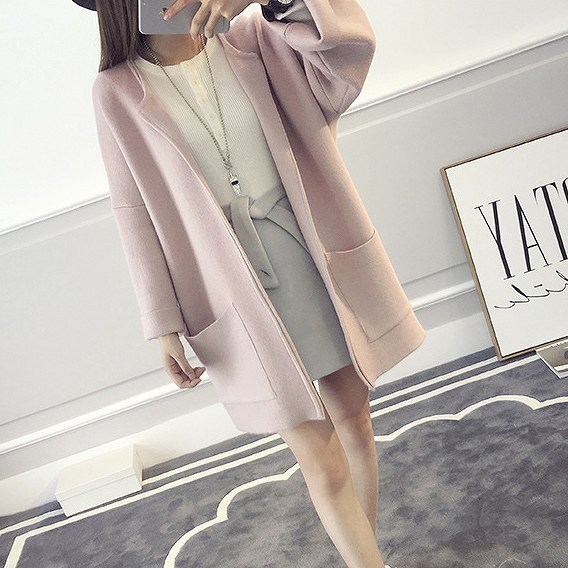 レディース　ライトアウター　ロング　カーディガン　コーディガン　ビッグシルエット　長袖　無地　フリーサイズ　カジュアル　大人可愛い　フェミニン　デート　お出かけ　デイリー　ピンク　ネイビー　グレー　ブラック　送料無料