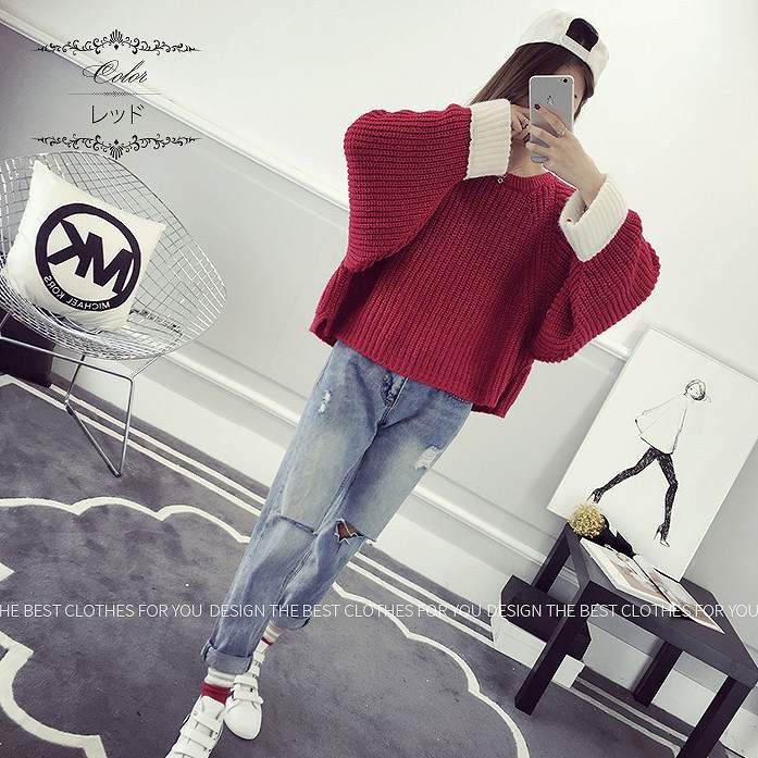 レディース　トップス　ニット　セーター　長袖　無地　ショート丈　ビッグシルエット　長袖　無地　フリーサイズ　カジュアル　大人可愛い　フェミニン　デート　お出かけ　デイリー　ブラック　ネイビー　レッド　送料無料