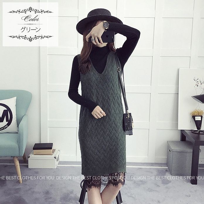 レディース　ニット　ワンピース　ミモレ丈　ノースリーブ　深Vネック　裾レース　サイドスリット　無地　フリーサイズ　カジュアル　大人可愛い　デート　お出かけ　デイリー　グリーン　ダークグレー　ブラウン　送料無料